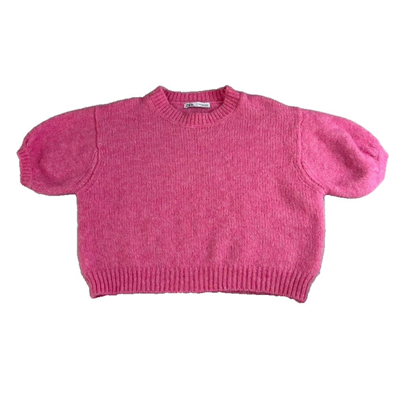 Zara Sweater Womens Medium Pink Cropped Wool Alpaca Knit Short Balloon Sleeve - Picture 1 of 6
